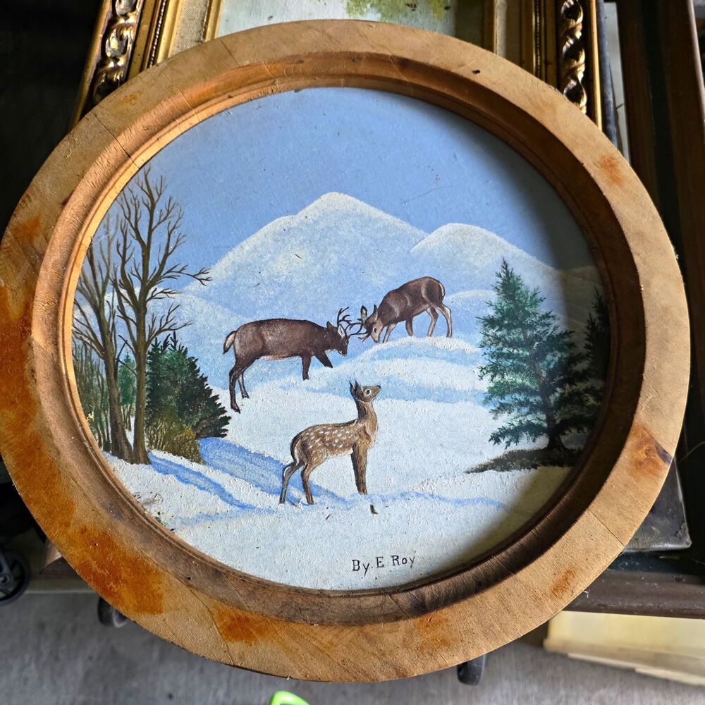 Vintage 1950s Wood Framed Deer Painting, Signed E. Roy Rustic Cabin Lodge Winter